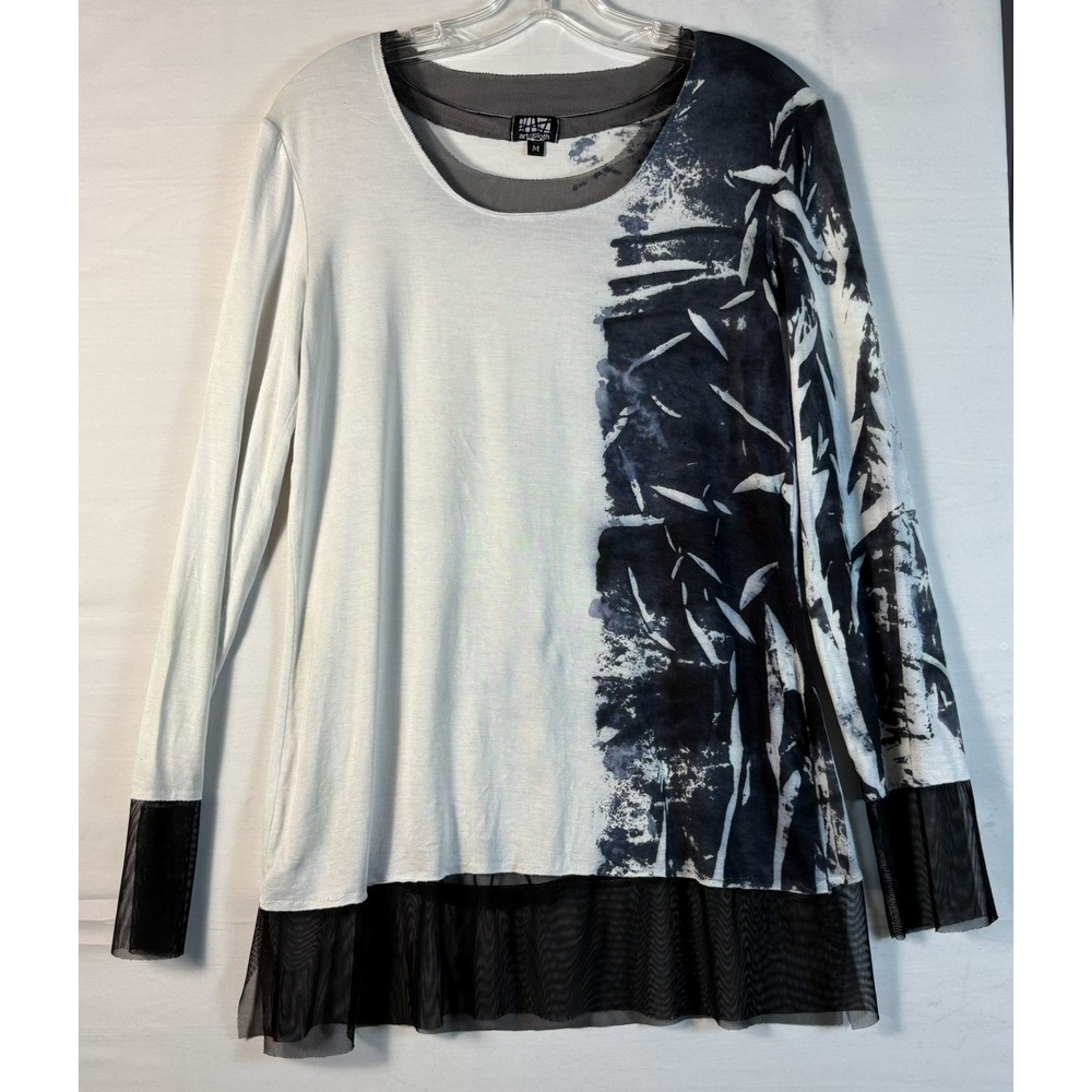 Art of Cloth Womens Black White Abstract Mesh‎ Trim Long Sleeve Tunic Top Size M